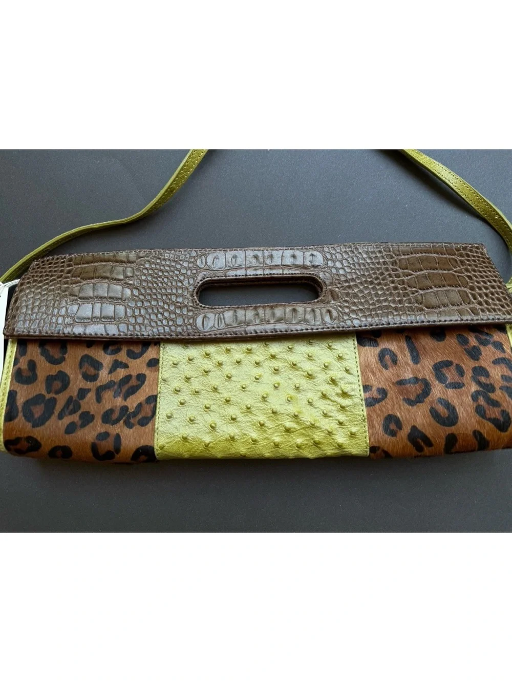 Cleo & Patek Paris Ostrich Leather Calf Hair Fur Leopard Handbag